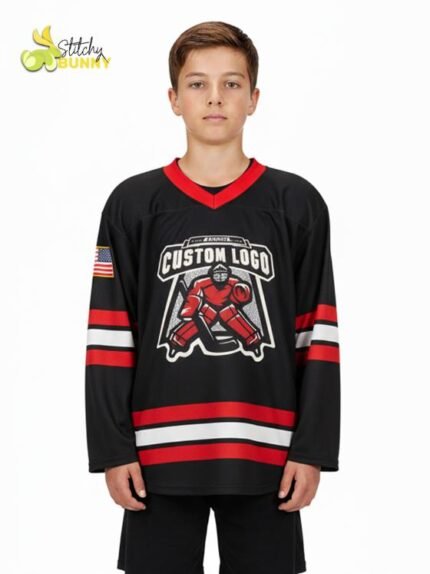 Stitchy Bunny Custom Youth Hockey Jersey – Black, White & Red Personalized V-Neck Edition